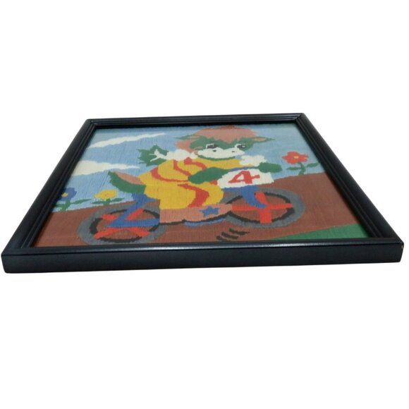 DRAGON on Bicycle NEEDLEPOINT Framed in Black Wood Frame 10.7 x 9.5" Vintage - Picture 4 of 10